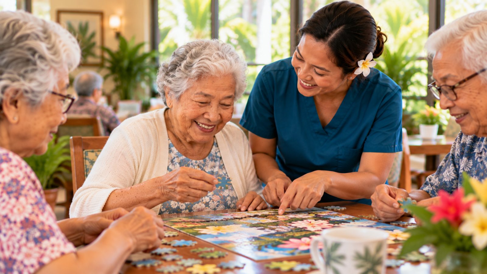 A caregiver and an older woman working on a jigsaw puzzle together
